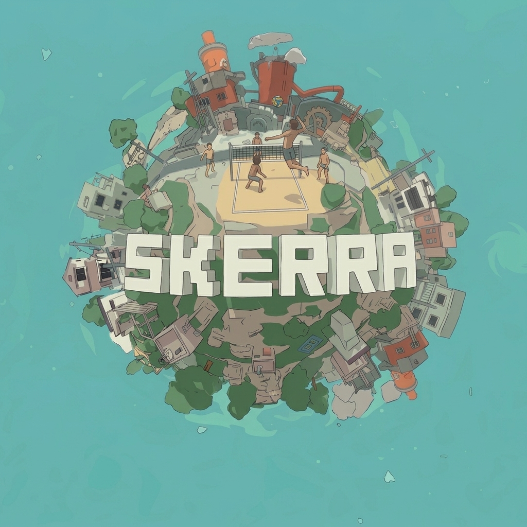 A small island world of houses, trees and volleyball courts, with the word Skerra across it.